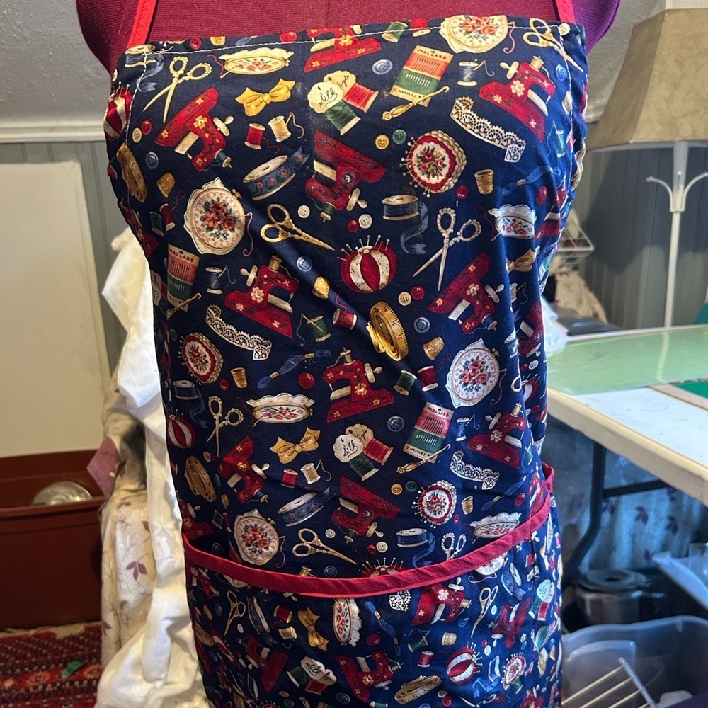 Colorful Sewing-Themed Apron with several pockets for scissors- thread, and more